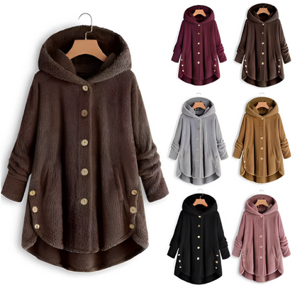 Manteau Femme en Peluche Douce avec Boutons et Poches Latérales – Parfait pour l'Hiver